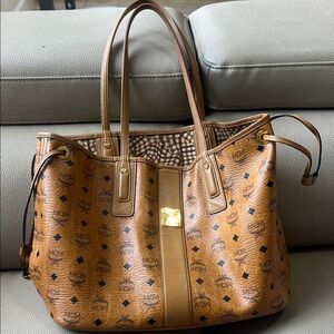 MCM Cognac Logo Visetos Tote with Gold Hardware